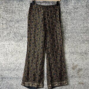 Sandro Pants Womens 36 Black Star Print Wide Leg Viscose Side Zip Border‎ Hem